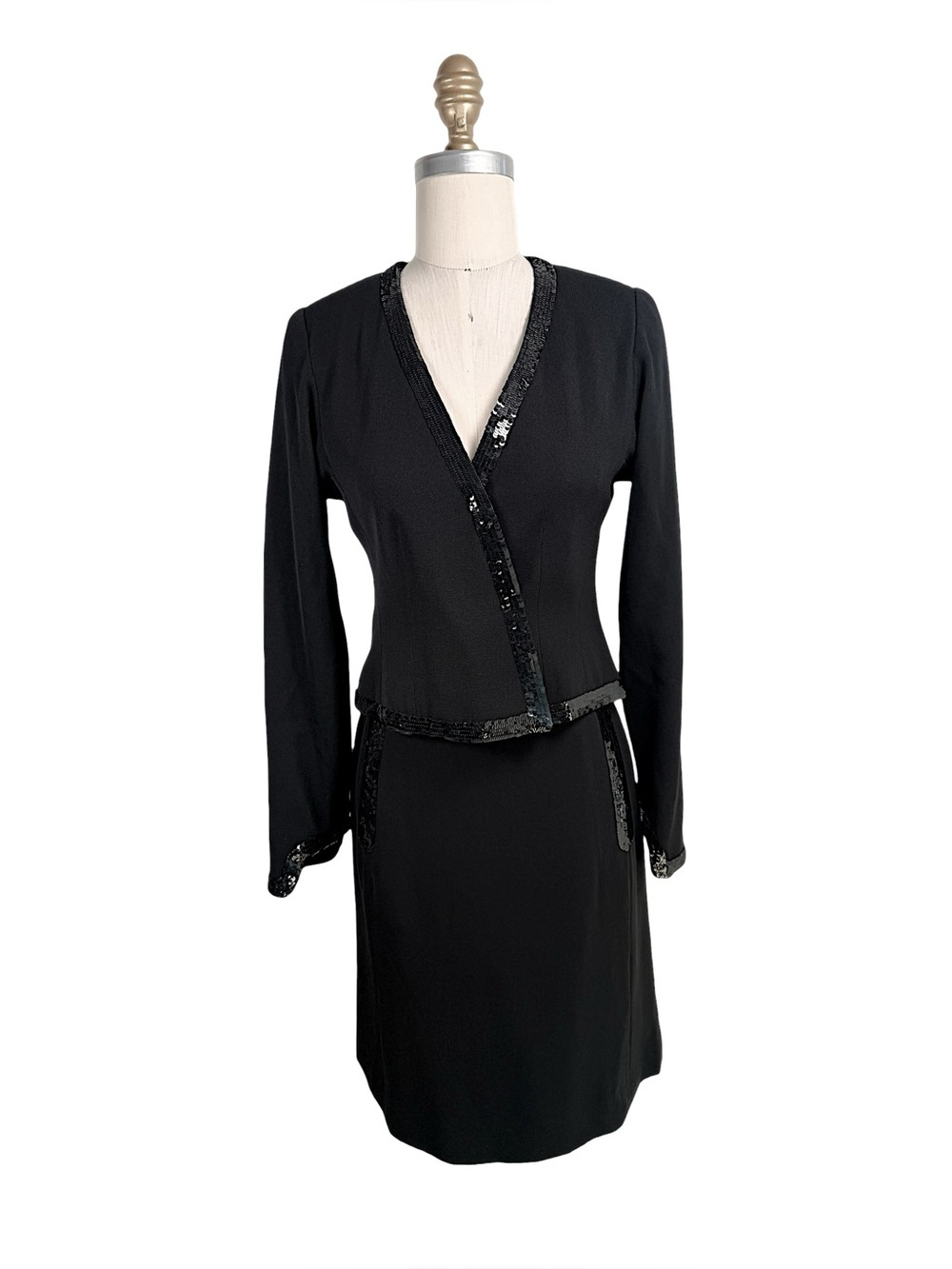 Vintage Chanel Black Sequin Trim Jacket & Skirt Suit Set Size 34